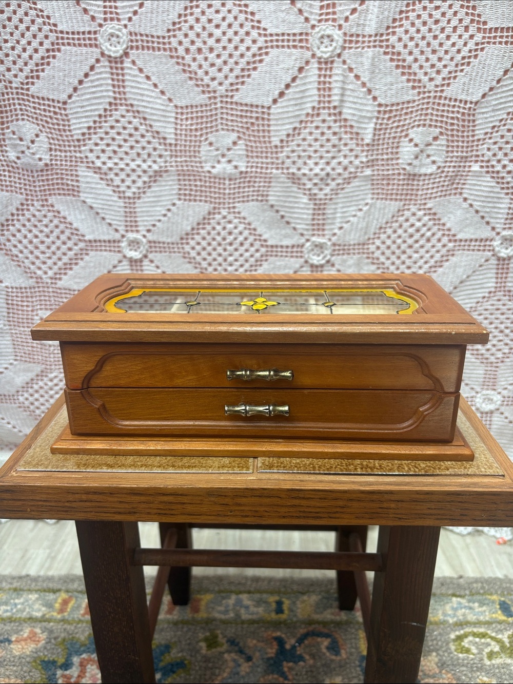 Vintage Wooden Jewelry Box with Stained Glass Lid